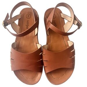 Cat & Jack Girls Brown Leather Sandals Size 2 Adjustable Ankle Strap Gold Buckle